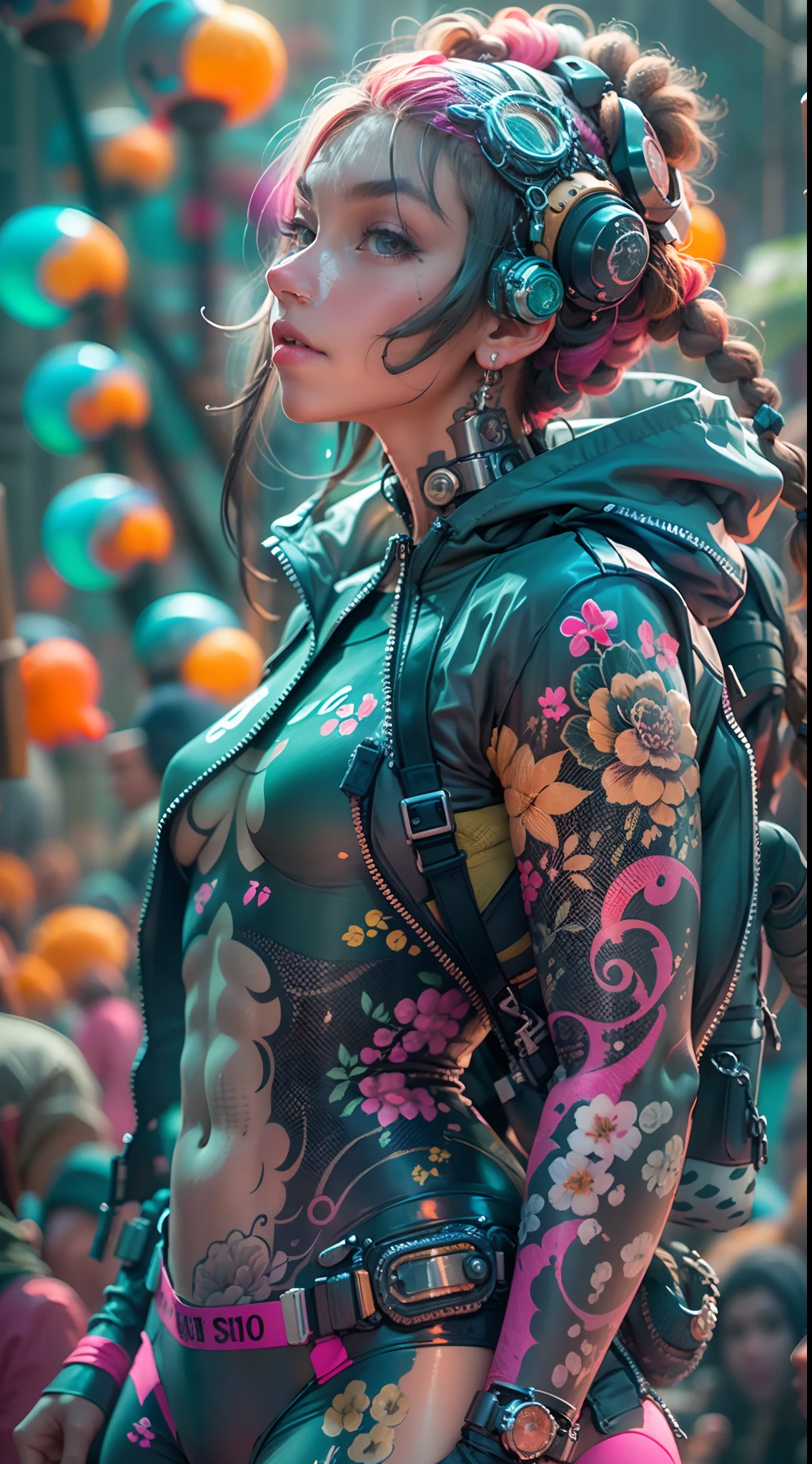 "1 cyborg girl with tattoos, dread hair in spring, puffer suit, vibrant and luminous colors, sharp and cinematic style, depth of field, capturing the essence of 35mm film, and a touch of luminous painting, standing full body details, Sexy poses."