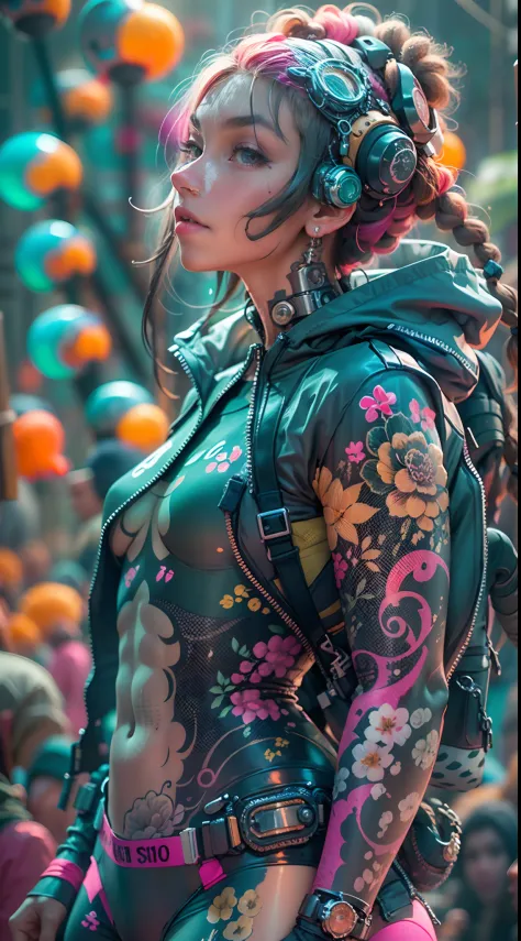 "1 cyborg girl with tattoos, dread hair in spring, puffer suit, vibrant and luminous colors, sharp and cinematic style, depth of...