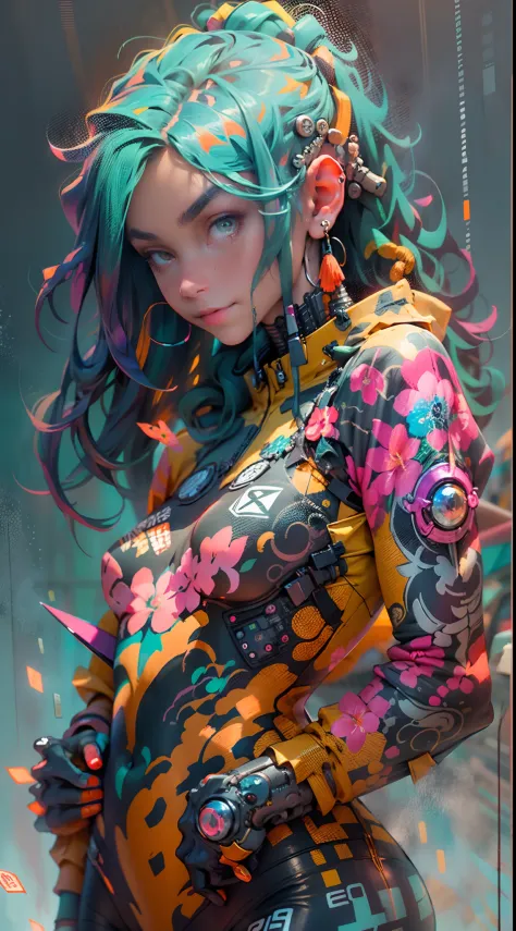 "1 cyborg girl with tattoos, dread hair in spring, puffer suit, vibrant and luminous colors, sharp and cinematic style, depth of...