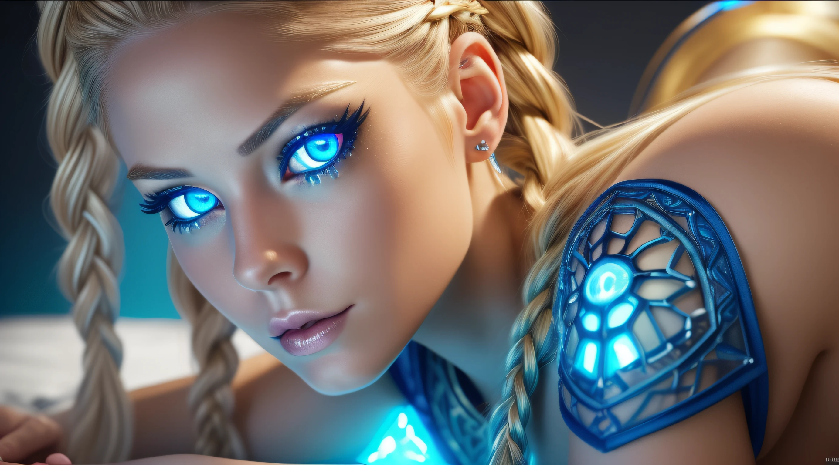 A close up of a woman with blue eyes and a tattoo on her arm - SeaArt AI