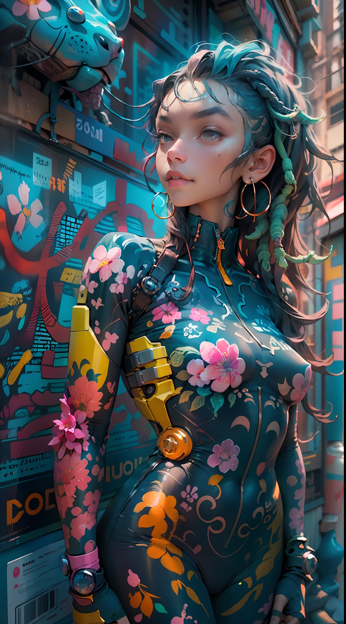 "1 chica cyborg con tatuajes, pelo aterrador en primavera, traje acolchado, colores vibrantes y luminosos, estilo nítido y cinematográfico, profundidad de campo, capturando la esencia de la película de 35 mm, y un toque de pintura luminosa, Detalles de pie de cuerpo completo, poses sexys."