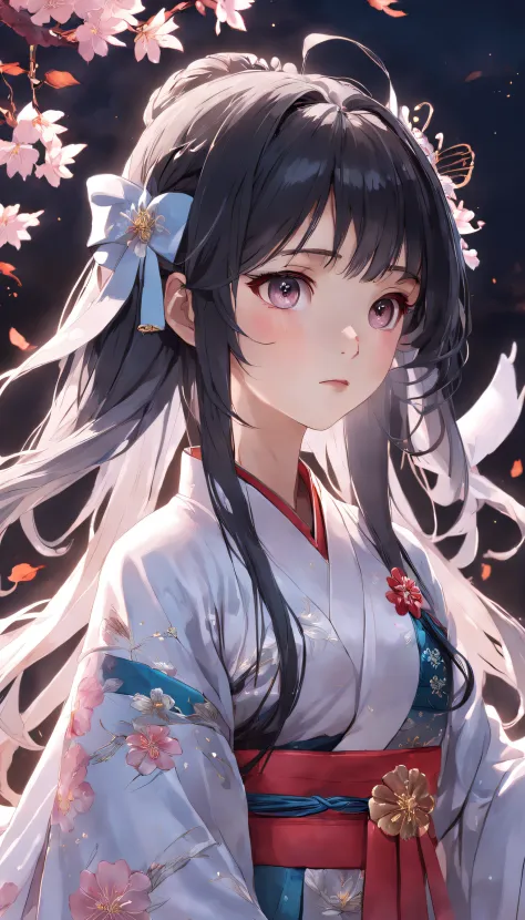 (Little girl:1.5),Lace,ribbon,Hanfu,(Masterpiece, side-lighting, Beautiful gray eyes，The details are meticulous: 1.2), Masterpiece, Realistic, Glowing eyes,Shiny hair,Black hair,long whitr hair, Glossy glossy skin, Solo, embarressed,No shoulder strap,Exqui...
