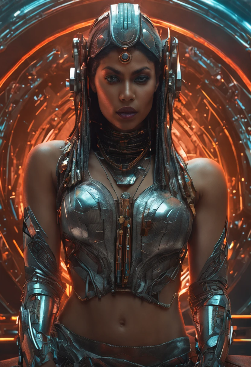 Futuristic native futurism,Actress Priyanka Chopra plays the high-level cybernetic cyborg, the Hindu goddess of war, sensuality,Artistic details,Cyberpunk Hindu mythology,Epic science fiction fantasy, Centered,In the style of Nick Alm's fantasy futuristic fantasy works, Dark prism, Dark, Metal composition, symmetrical arrangements, Iridescent metallic , distinctive noses, Ethereal,Blood splattered multicolored, eye-catching metallic compositions, Symmetrical geometry, distinctive noses, gothic references, With bold lines and black stripes,White,Red, Gold and silver, Fantasy science fiction art, a detailed painting, ,Alex Alemanni merges with Carol Barker