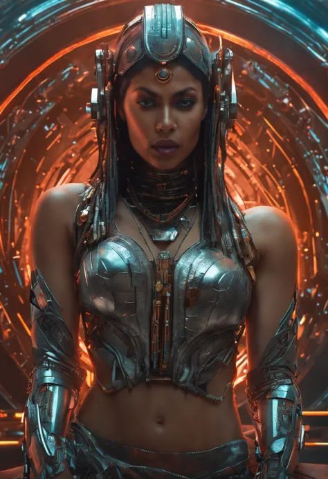 Futuristic native futurism,Actress Priyanka Chopra plays the high-level cybernetic cyborg, the Hindu goddess of war, sensuality,Artistic details,Cyberpunk Hindu mythology,Epic science fiction fantasy, Centered,In the style of Nick Alm's fantasy futuristic ...