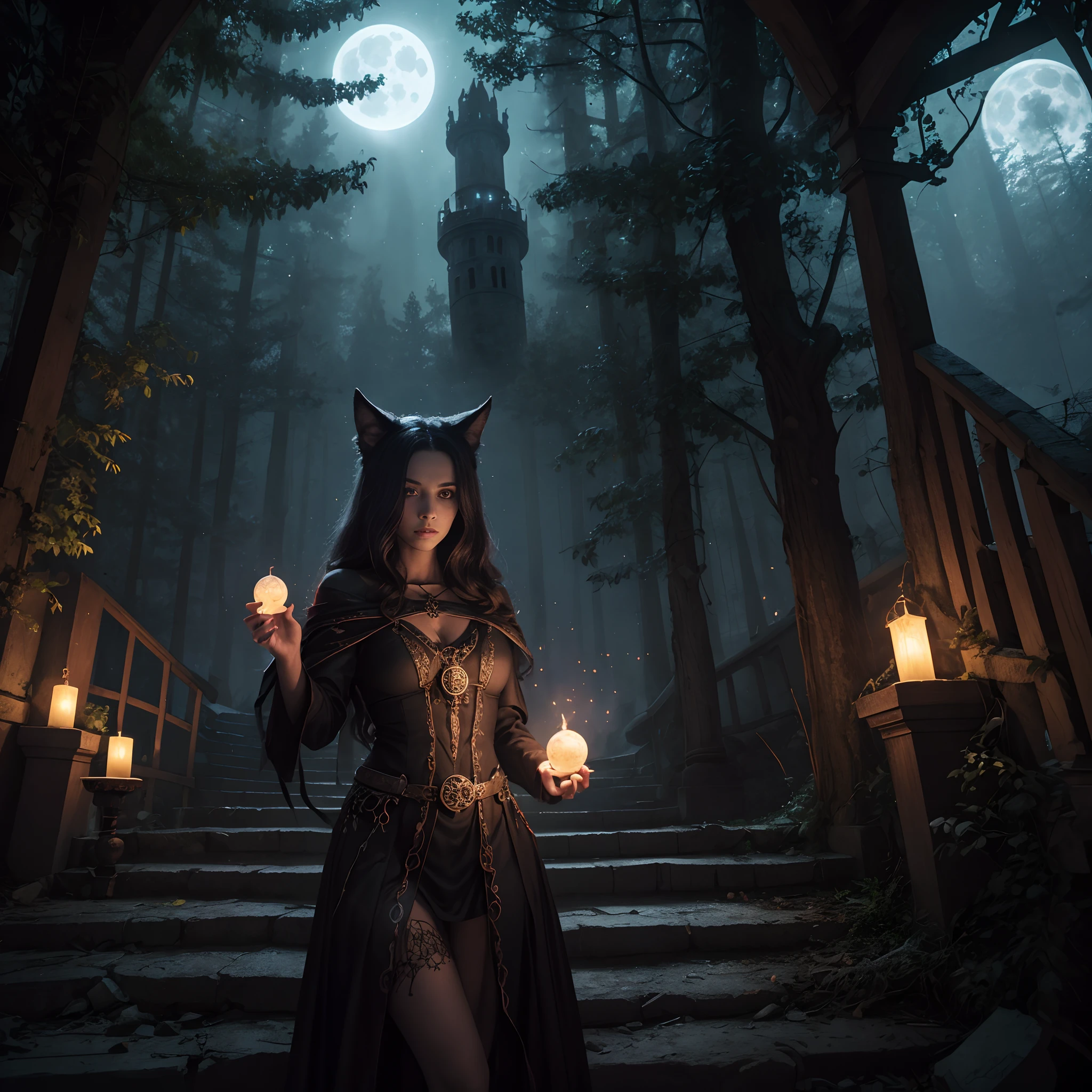 a beautiful modern witch with beautiful face and demonic eyes practicing her spells and performing a ritual in a mystical forest clearing, surrounded by ((glowing runes)) and ethereal spirits under a full moon, with her outstretched hands glowing with magical energy and a constellation of stars swirling around her, in background there is an ancient, ((crumbling tower, with winding staircases)), spiderwebs, and dusty tomes of forgotten magic, ((2 big demonic wolfs in the background)),(witchcore, witchcraft, pagan, mystical, nature, occult) , magician, spell magic, magic circle, ((magic in hand)),(masterpiece, best quality:1.4),(absurdres, highres, ultra detailed:1.2),(using dark magic:1.4), imaginative overlays, artistic fusion,fantastical scenes, evocative narratives, striking visuals, upper body ，(((best quality))),(((ultra detailed))),(((masterpiece))),