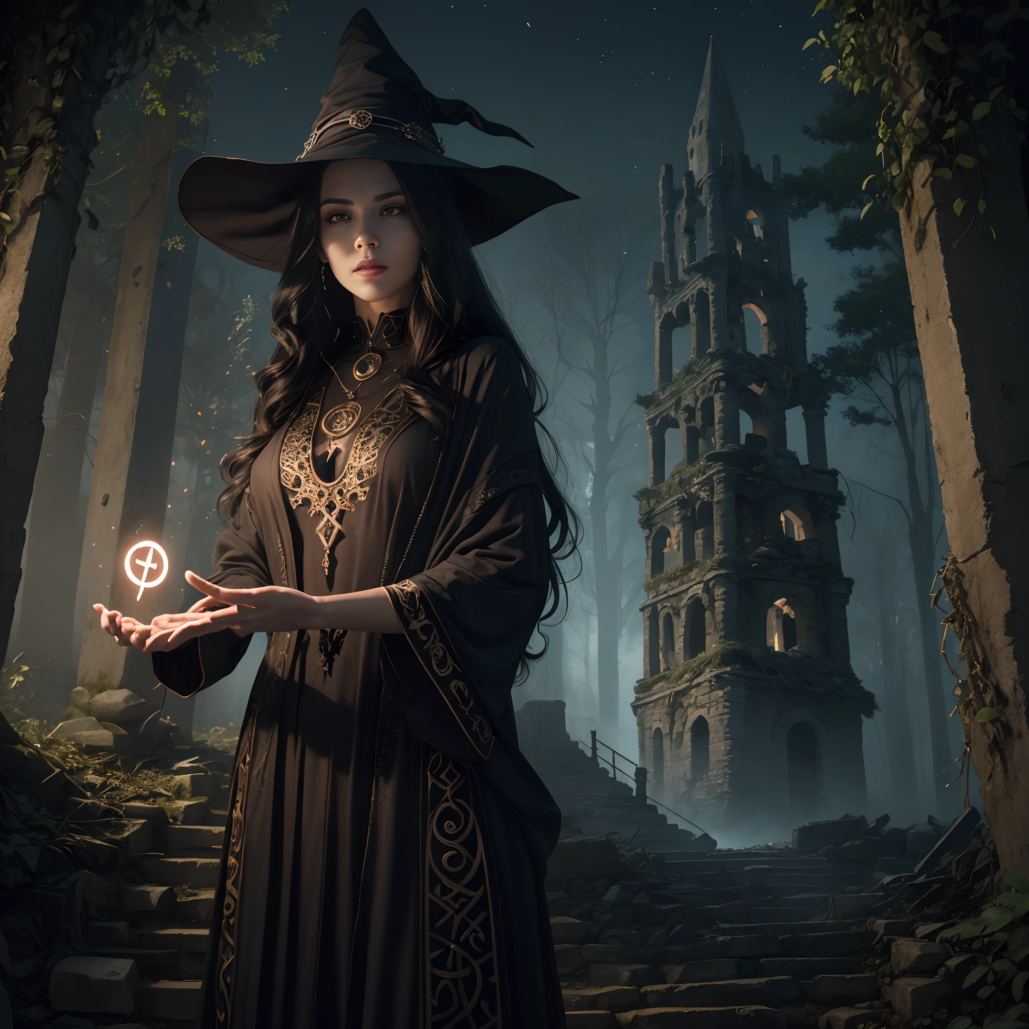 a beautiful modern witch with beautiful face and demonic eyes practicing her spells and performing a ritual in a mystical forest clearing, surrounded by ((glowing runes)) and ethereal spirits under a full moon, with her outstretched hands glowing with magical energy and a constellation of stars swirling around her, in background there is an ancient, ((crumbling tower, with winding staircases)), spiderwebs, and dusty tomes of forgotten magic, ((2 big demonic wolfs in the background)),(witchcore, witchcraft, pagan, mystical, nature, occult) , magician, spell magic, magic circle, ((magic in hand)),(masterpiece, best quality:1.4),(absurdres, highres, ultra detailed:1.2),(using dark magic:1.4), imaginative overlays, artistic fusion,fantastical scenes, evocative narratives, striking visuals, upper body ，(((best quality))),(((ultra detailed))),(((masterpiece))),