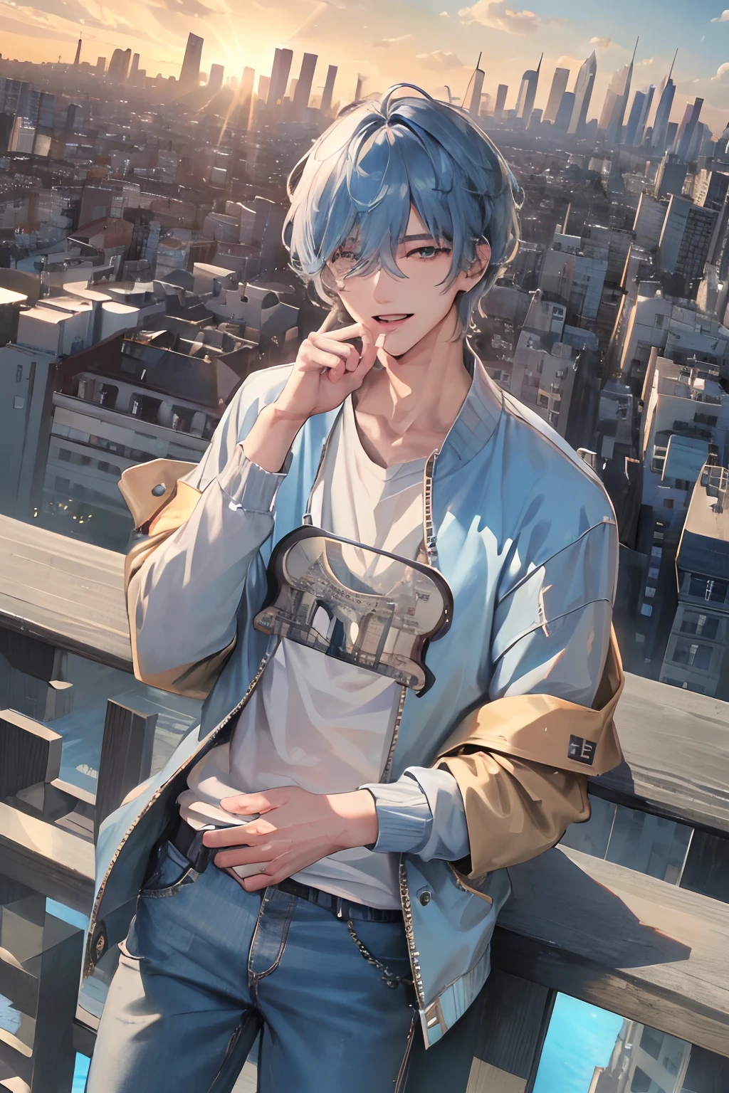 Anime boy with blue hair and blue jeans standing on a ledge - SeaArt AI