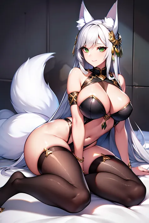 one woman, fox ears, fox tail, silver hair, green eyes, medium breasts, wide hips, full body, hair ornament, sexy, alluring, mommy, mature lady, fully dressed,