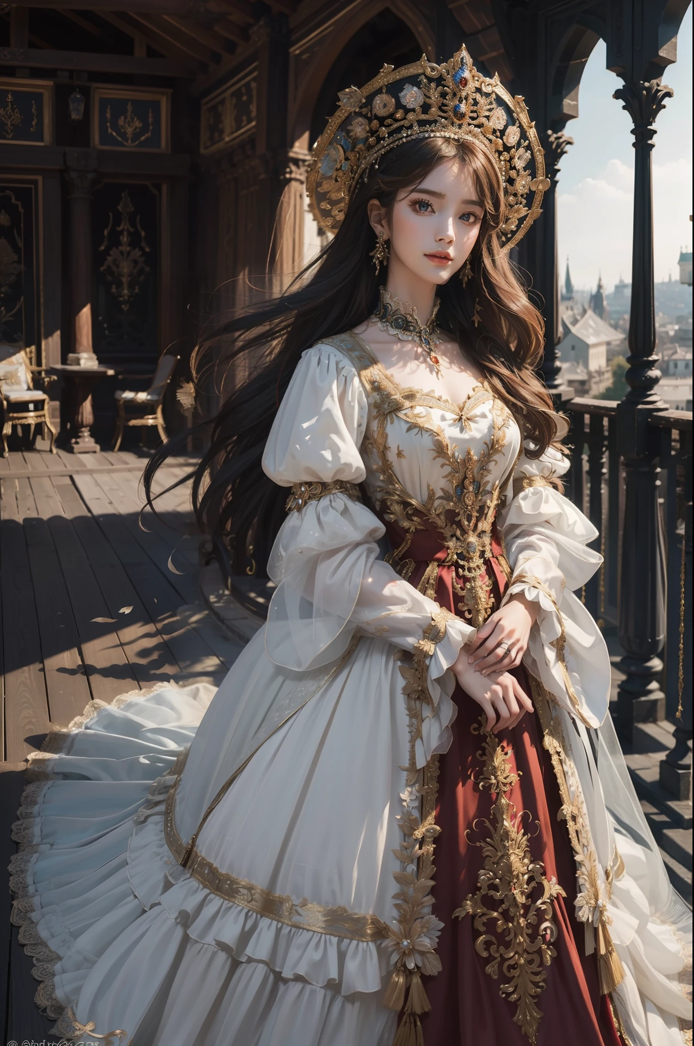 ((top-quality、​masterpiece、photographrealistic:1.4、8K))、1 beautiful detailed girl、extremely detailed eye and face、beatiful detailed eyes、（Complex luxury red dress in the style of medieval Europe、Gorgeous brimmed hat in medieval European style）、Luxury accessories、Elegant smile、natta（Depict a scene of a princess standing on the balcony of a castle。Hair swaying in the wind and a dress complement her noble vibe。）、Cinematic lighting、Textured skin、Super Detail、high detailing、High quality、hight resolution、（looking at the viewers）、Petals flutter