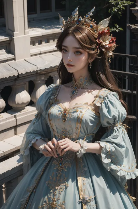 ((top-quality、​masterpiece、photographrealistic:1.4、8K))、1 beautiful detailed girl、extremely detailed eye and face、beatiful detailed eyes、（Complex luxury red dress in the style of medieval Europe、Gorgeous brimmed hat in medieval European style）、Luxury acces...