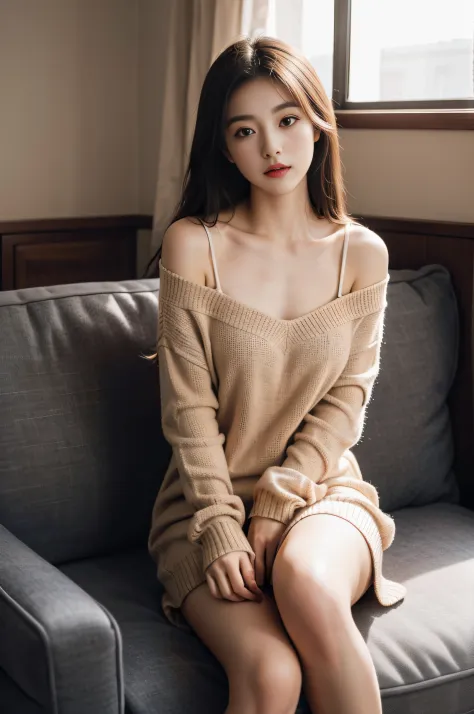 girl, sitting on the cozy couch, surreal skin, korean pretty face, chinese girl pretty face, soft light,((8k photo quality)),(photo quality tallest)
