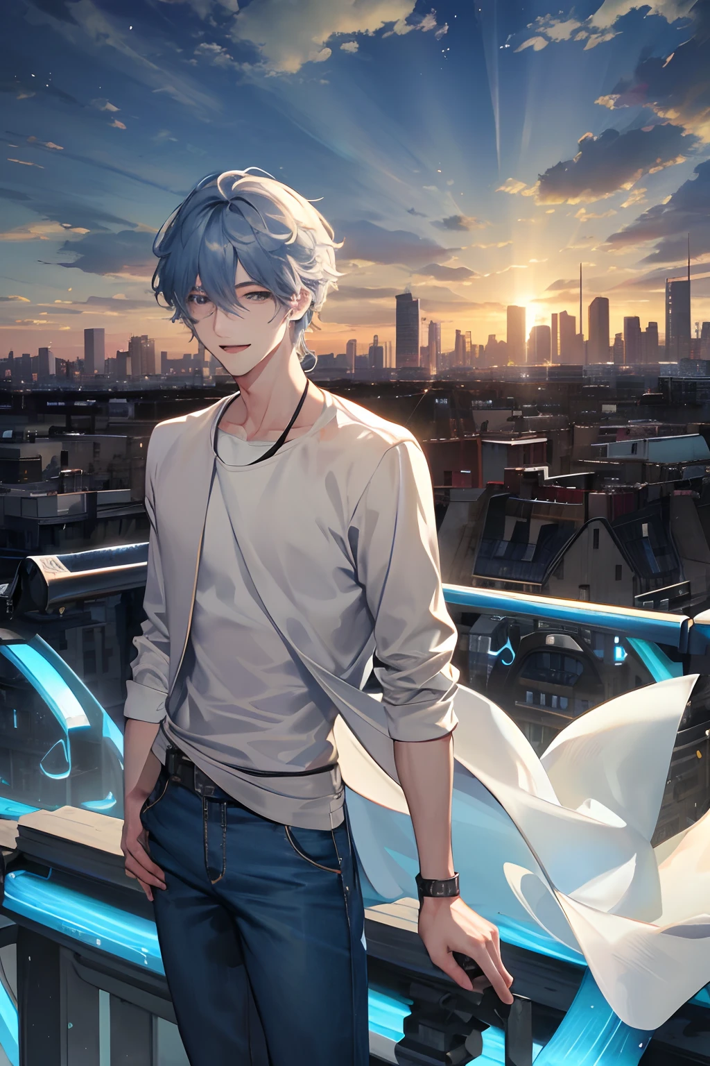 Anime guy standing on a rooftop with a city in the background - SeaArt AI