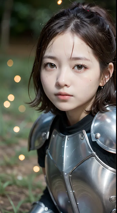 Cartoony，Chubby little girl in heavy armor，Place glowing swords and shields on the ground，Glowing fireflies around，，Cute and cute，KIDS ILLUSTRATION，Glow effects，Dingdall effect，depth of fields，high light，Real light，Ray traching，oc rendered，Hyper-realistic，...