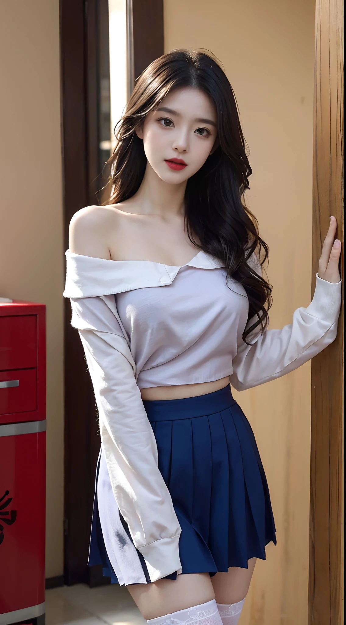 A perfect young female white-collar worker，Chinese big breasts，High picture  quality，Works of masters，Black hair，Long hair shawl，Long hair flowing over  the shoulders，Beach wave hairstyle，cropped shoulders，clavicle，exquisite  face，Hydrated red