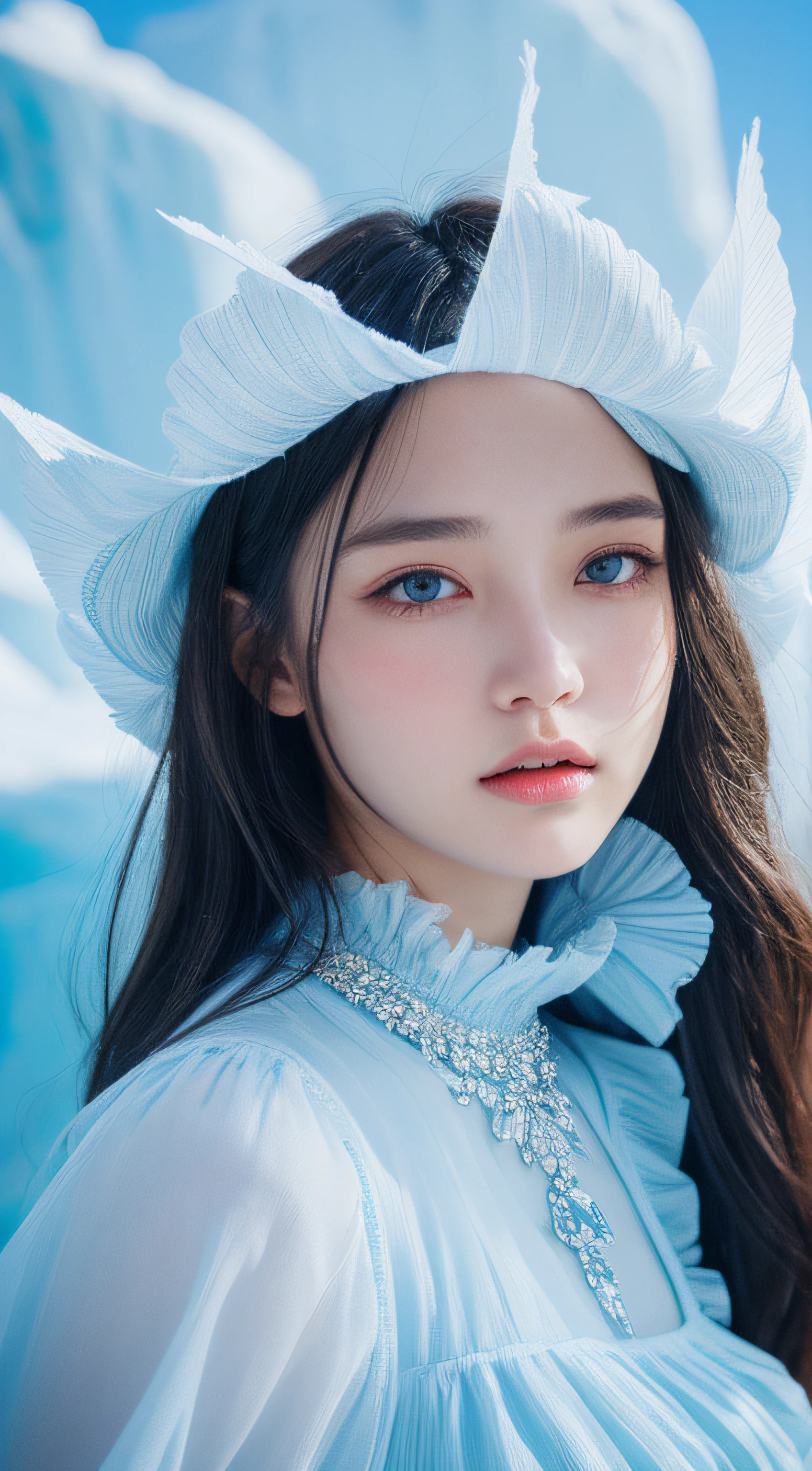 super fine illustration, an extremely cute and beautiful girl with perfect figure, underwear,highly detailed beautiful face and eyes, look at viewer, cowboy shot, beautiful long hair, solo, dynamic angle, beautiful detailed ice dress with frill, ice castle in background, blue tone