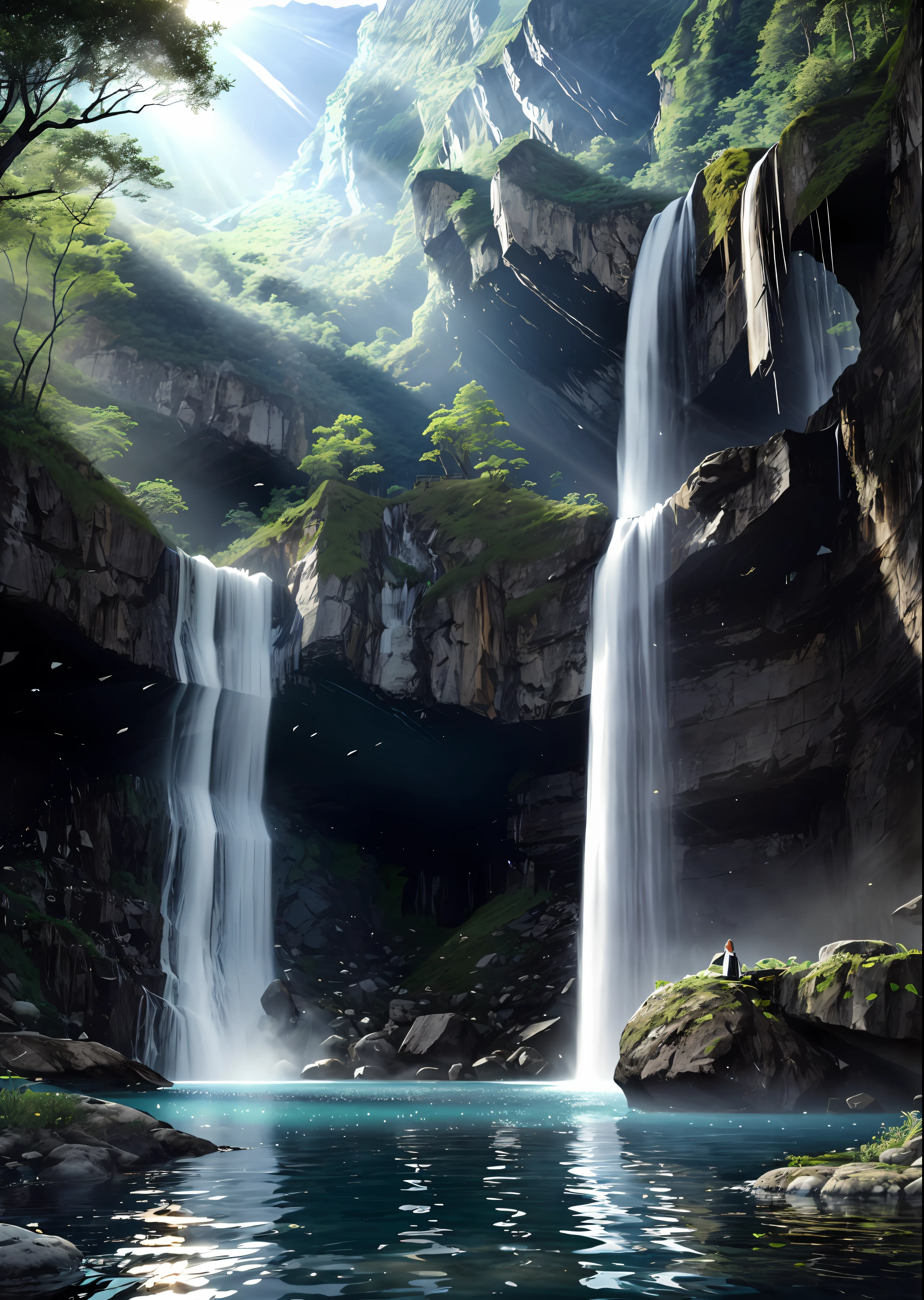 realistic images 4k nature realistic images 4k nature、（A waterfall deep in the mountains、The waterfall drops water from a high place into the basin and smoke rises.）、（There is a flat rocky area near the waterfall.、There stands a beautiful woman in a white dress。）、sunlight shining through、