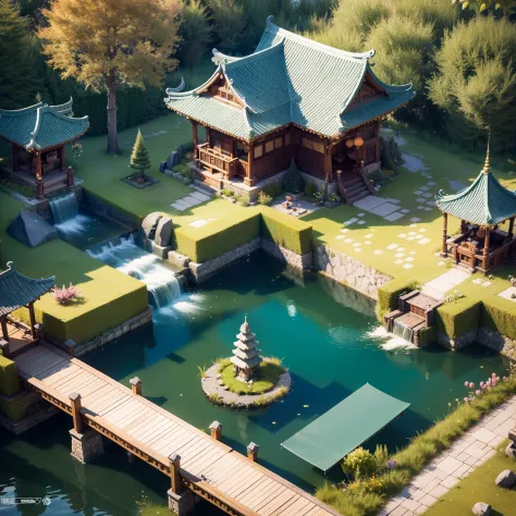 Fluffy，3d cartoon game scene，Isometric architecture，Chinese vice-palace，trpical garden，pools of water，Rockery，lotuses，small brid...