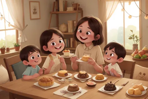 Picture 4: Family sitting around enjoying moon cakes with 4 characters

Character 1: Father

Description: The father in the story is a middle-aged man, with slightly abusive brown hair and a warm face. He often wears simple but elegant clothes, showing the...