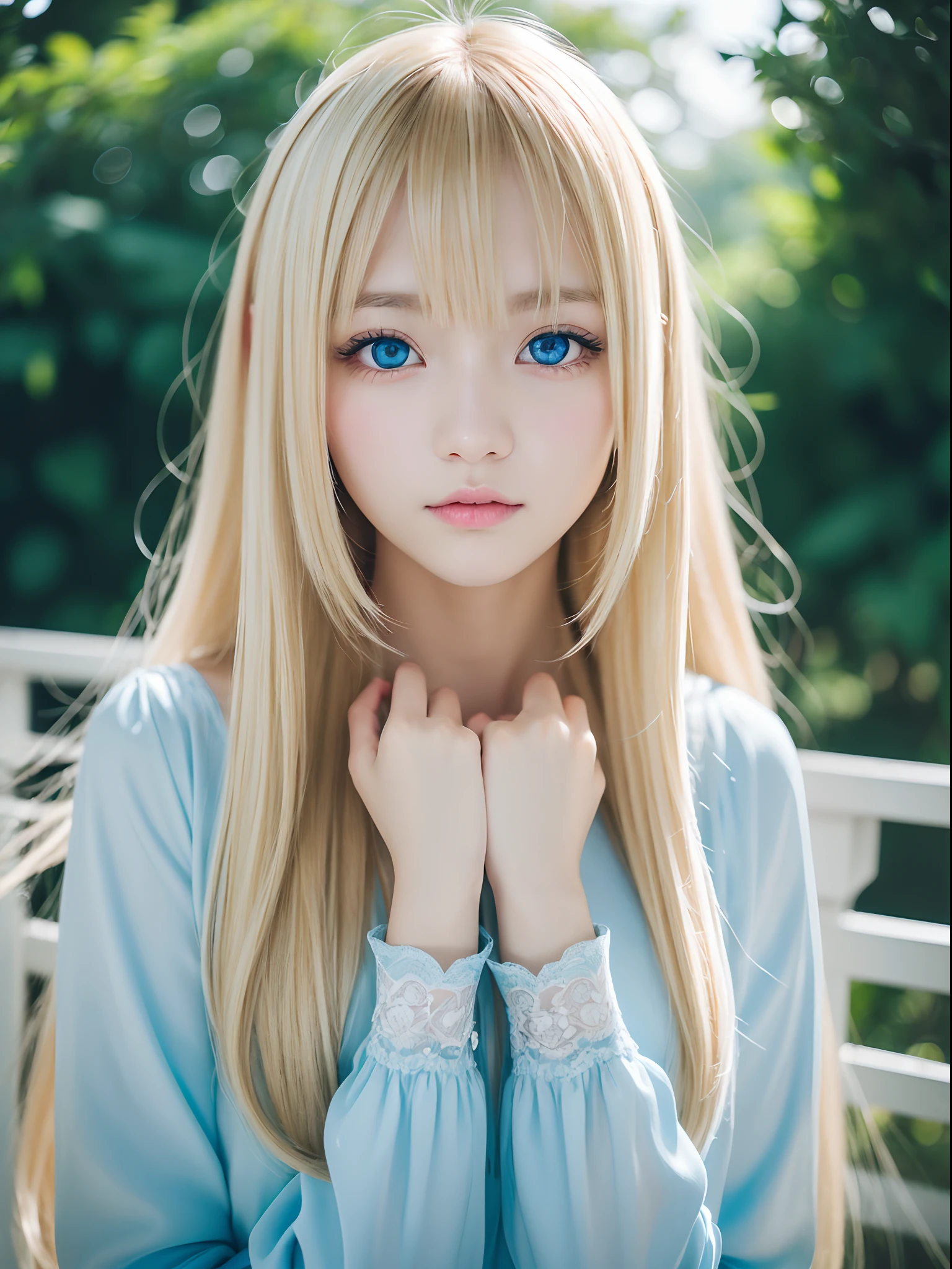 Light smile、natta、Raw photography、(((Portrait of extreme beauty)))、((glistning skin))、女の子1人、16 year old beautiful girl in Prague、((The most beautiful blonde hair in the world))、[beautiful glowing blue eyes]、White shiny skin、Cheek luster、Silky Super Long Straight Hair、eye liner、bangs that grow long enough to hide the eyes,, Nose and Mouth,、Hair between the eyes、Fluttering hair、((​masterpiece、top-quality、ultra-detailliert、Film Light、Glowing big light blue eyes、intricate-detail、hight resolution、8K、ighly detailed))、细致背景、8K UHD、Digital SLR、Soft light、hightquality、Film grain、FujifilmXT3 、Shallow depth of field、natural soft light、（No hands）、Kamimei、Sareme、