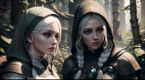 duo: elven female ( white colored hair, green eyes )squatting ( concerned: 1,3 ) , elven female( white colored hair, cyan eyes )...