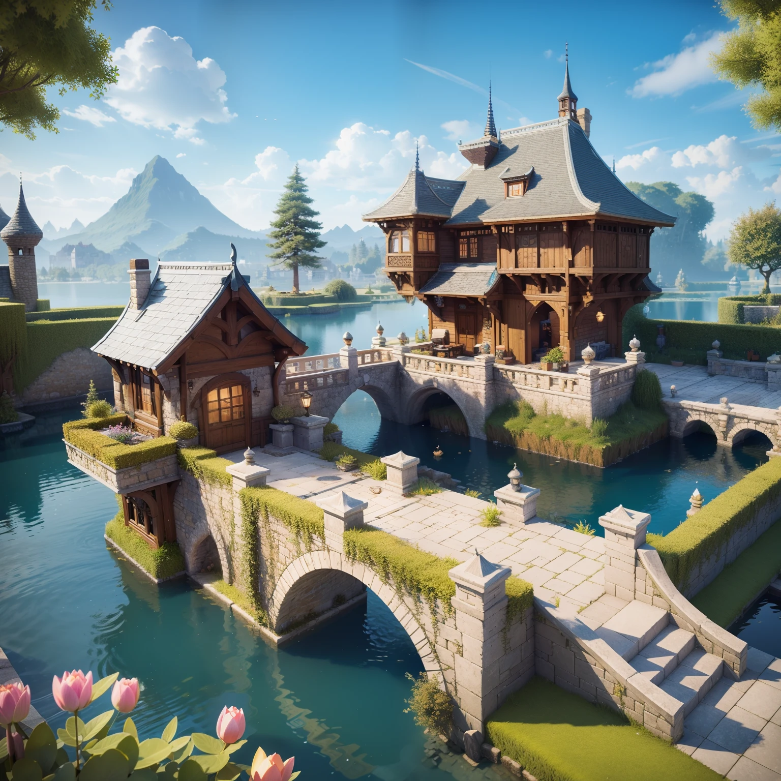 Fluffy，3d cartoon game scene，Isometric architecture，European-style palace，trpical garden，pools of water，Rockery，lotuses，small bridges，OC renderer，super-fine，Detailed portrayal，Accurate，8K，