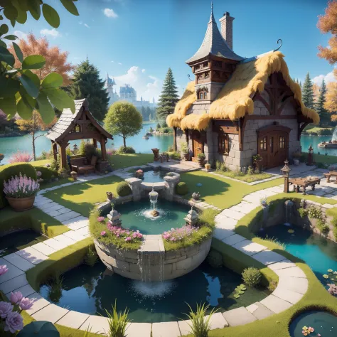 Fluffy，3d cartoon game scene，Isometric architecture，European-style palace，trpical garden，pools of water，Rockery，lotuses，small br...