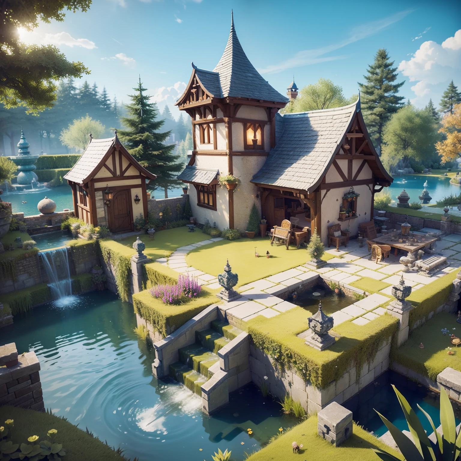 Fluffy，3d cartoon game scene，Isometric architecture，European-style palace，trpical garden，pools of water，Rockery，lotuses，small bridges，OC renderer，super-fine，Detailed portrayal，Accurate，8K，