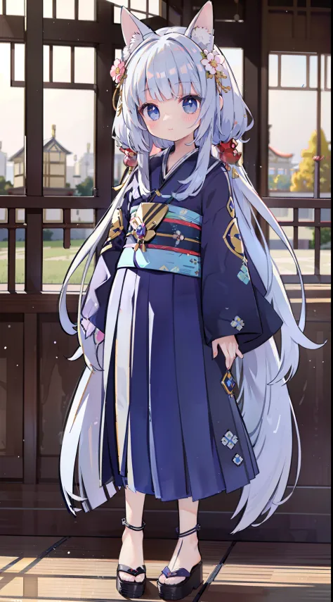 1 girl in、(full body Esbian、Standing picture)、With long silver hair、long、Blue eyes、Beautiful eyes、Lustrous eyes、Bewitching face、((((((elementary student))))))、(Black kimono)、Floral kimono、japanese kimono、Looking at the camera、((High resolution of the highe...