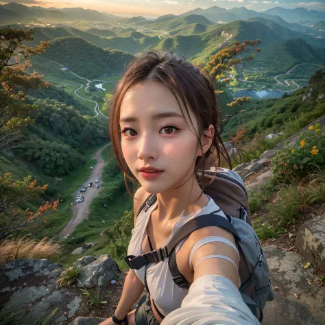 (Best Quality, hyper realistic photography), Magnificent mountain, sea of clouds, A woman watching the sunset, selfee, ((UPPER B...