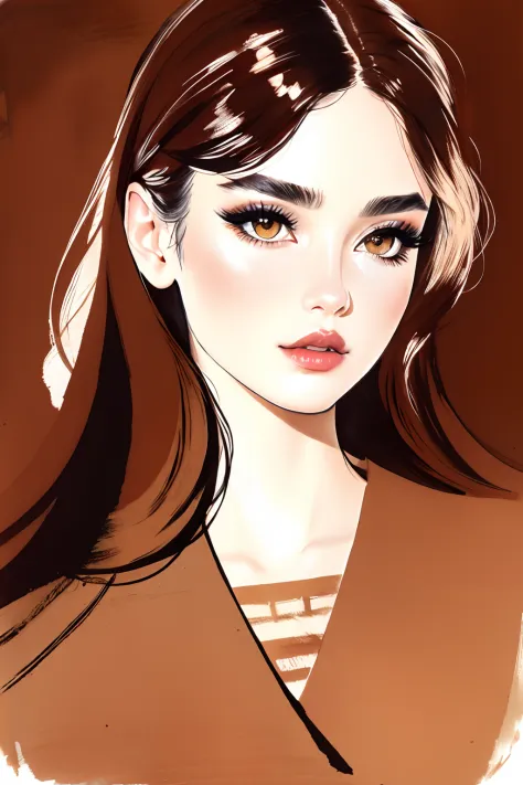 bissett, Illustration, ink watercolor, Brown background, , 
1girl in, Solo, Simple background, Brown sign on background, Beautiful brown lips, Eyelashes, makeup, Traditional Media, lip stick, eyeshadows, Eye focus,（Permanent Hair）、mano、Long fingers、manicur...