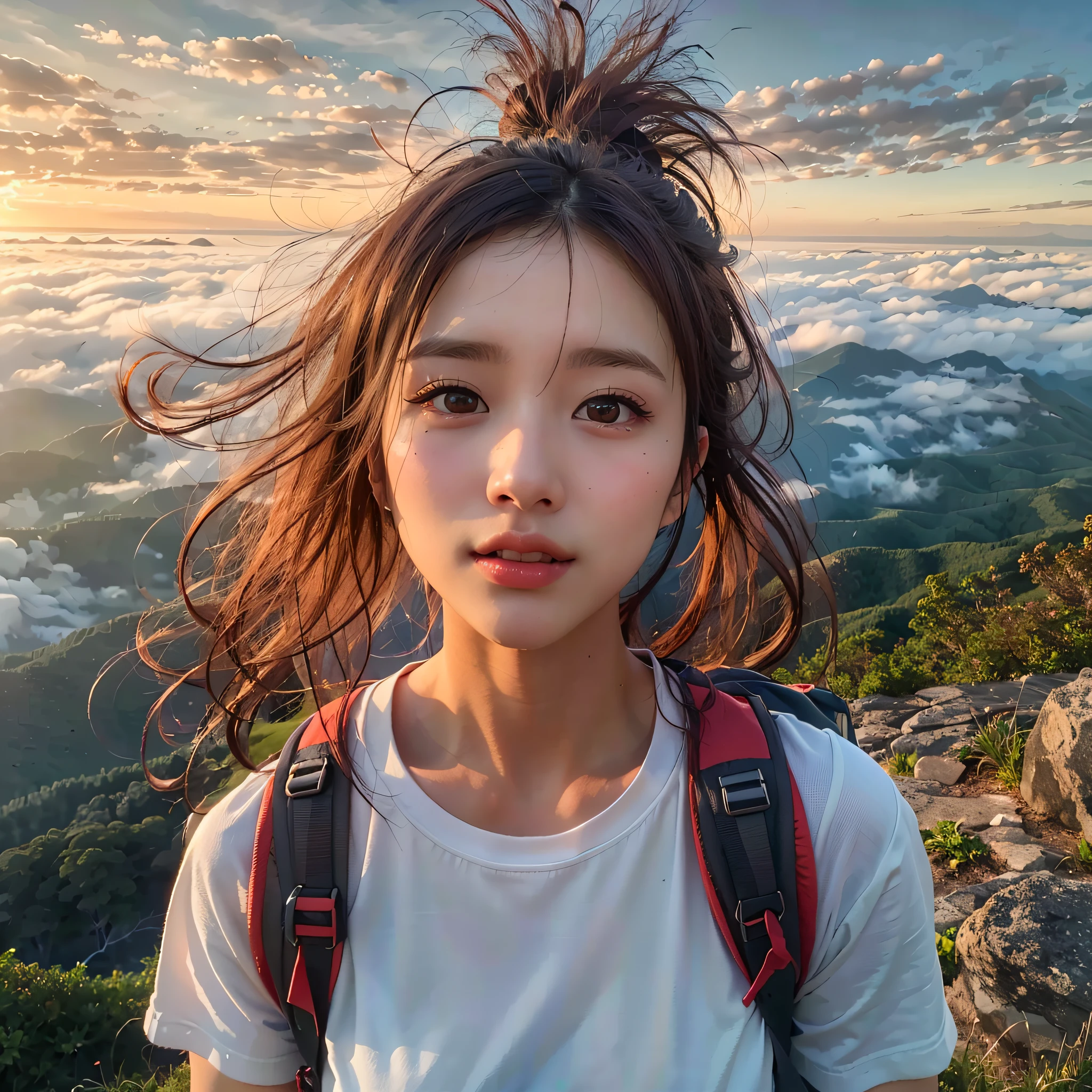 (Best Quality, hyper realistic photography), Magnificent mountain, sea of clouds, A woman watching the sunset, selfee, ((UPPER BODY)), white t-shirts, Trekking shorts, trekking boots, rucksack,  (ultra delicate face, ultra Beautiful fece, ultra delicate eyes, ultra detailed nose, ultra detailed mouth, ultra detailed facial features), Beautie, 18year old