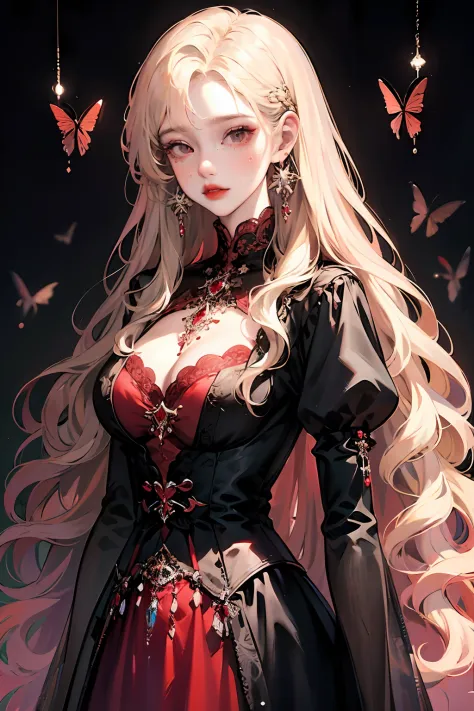 a beautiful woman with absurdly long blonde hair, red eyes, big breast, red lipstick, wearing a rococo dress with a red corset with black lace, a wide red skirt with lots of black lace and ruby ​​inserts,  ong and thin black winter cape with fleece, elbow ...