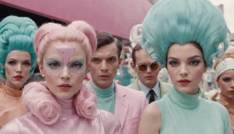 8k portrait of a 1960s science fiction film by Wes Anderson, Vogue anos 1960, pink pastel colors, amarelo, azul, verde, There are people wearing weird futuristic chameleon masks and wearing extravagant retro fashion outfits and men and women wearing alien ...