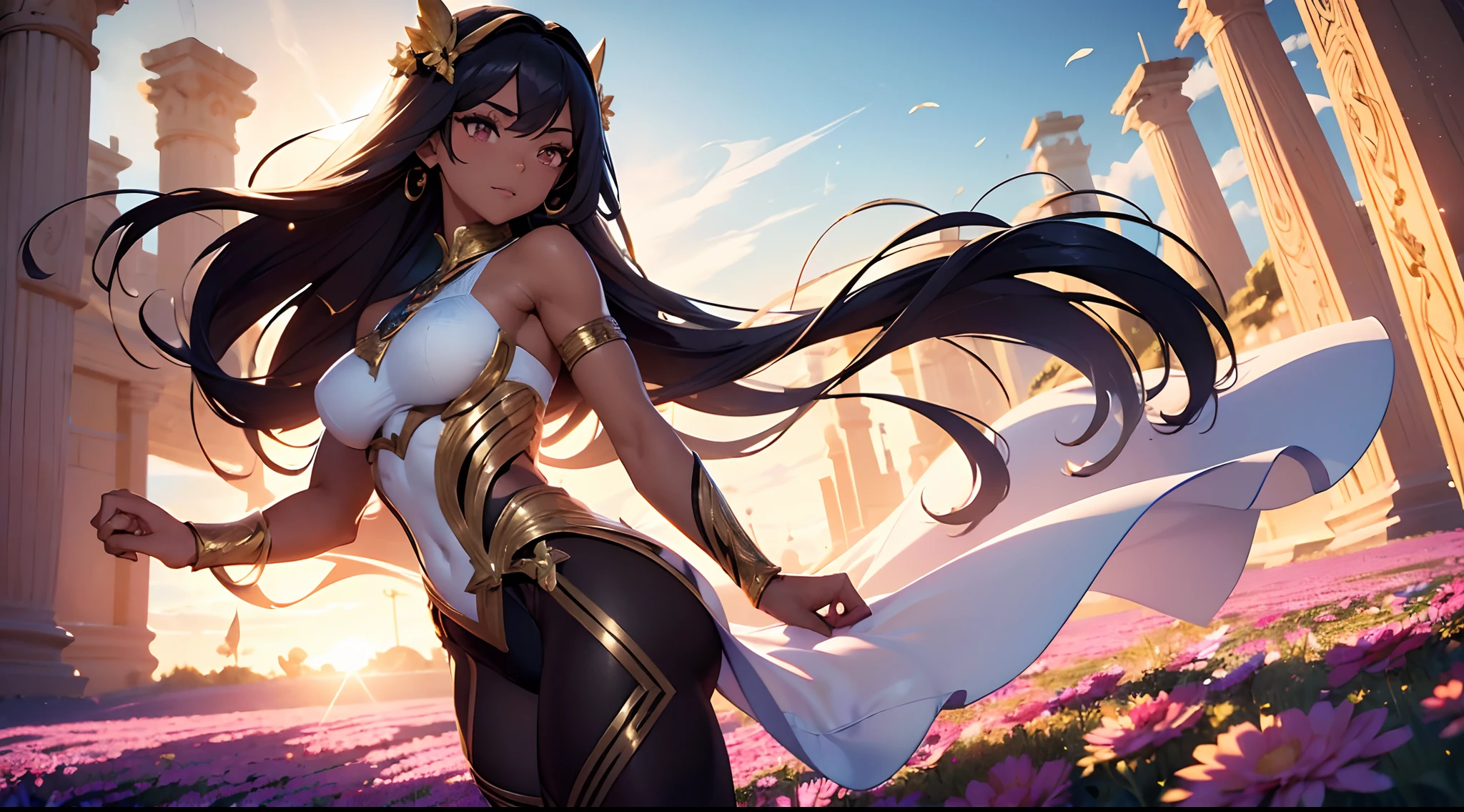 ((Masterpiece)), ((extreme details)),arab girl, muscular fit body, tanned skin girl in summer short dress of light fabric and semi transparent, dancing on a flowers field in a windy day, wind lift dress, Slightly transparent white nightdress, looking at viewer, loving smile, golden ring, fit body, black hair, long straight hair, blue saphyr eyes, sexy figure, medium breast, ABS, (muscular juicy ass),(( muscular tights)), Field of flowers as far as the eye can see, ((High Details)), ((Best quality)), 8k, realism, Ray Tracing, reflection light, textured skin, Rendu CG3D, lighting cinematic,