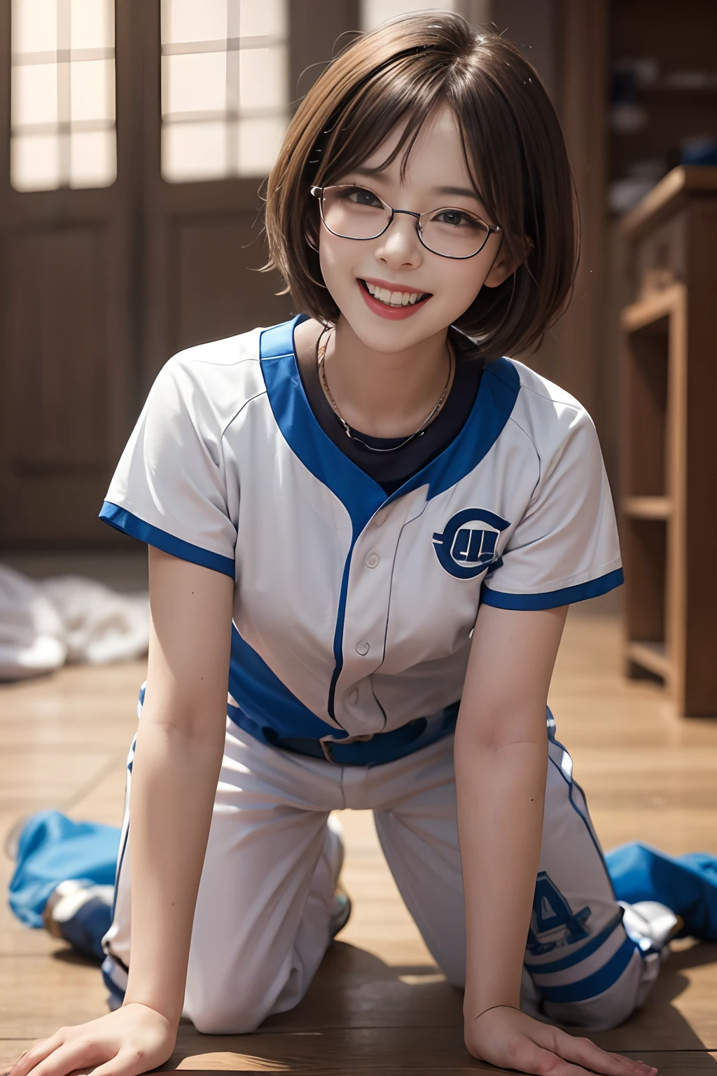 Arafed asian woman in glasses and a baseball uniform crouching on the floor  - SeaArt AI