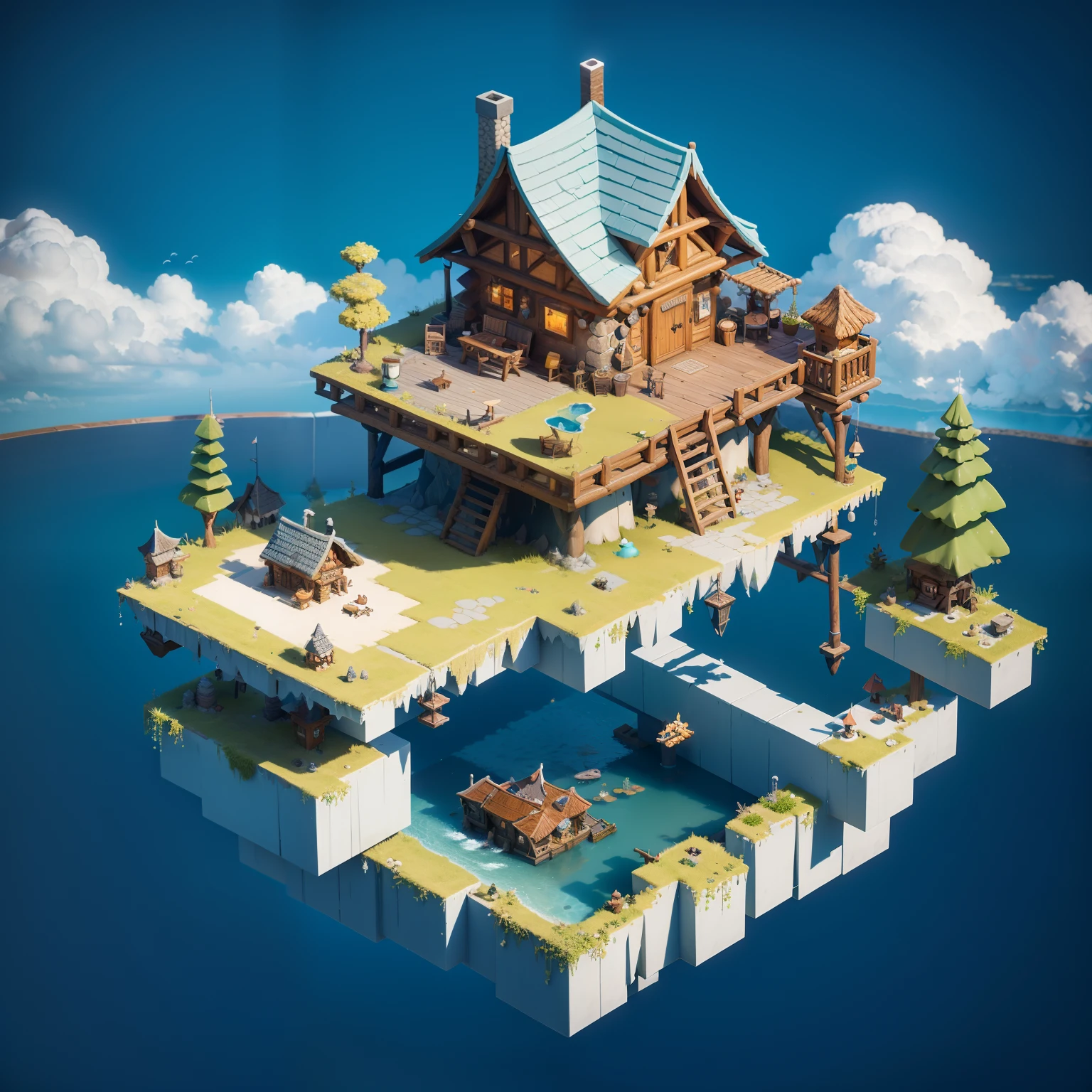 Fluffy，3d cartoon game scene，Isometric architecture，Floating island，Spring water，Lodge，small bridges，OC renderer，super-fine，Detailed portrayal，Accurate，8K，