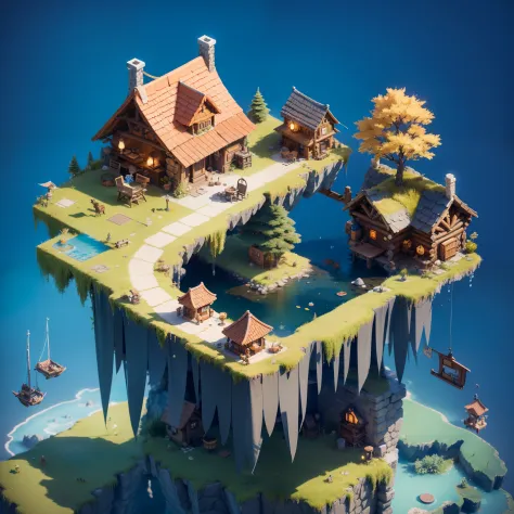Fluffy，3d cartoon game scene，Isometric architecture，Floating island，Spring water，Lodge，small bridges，OC renderer，super-fine，Deta...