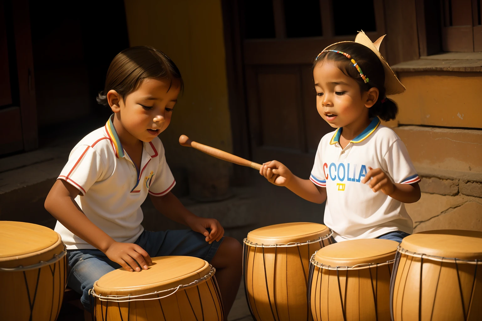 May dalawang batang babae na naglalaro ng drumMay dalawang batang babae na naglalaro ng drum  