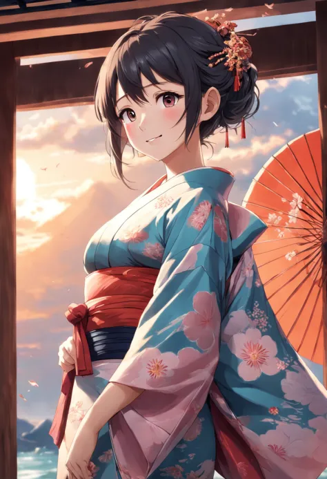 a beautiful japanese woman, kimono, large breast, best quality, masterpiece, ultra high res, photorealistic, looking at the horizon, smile