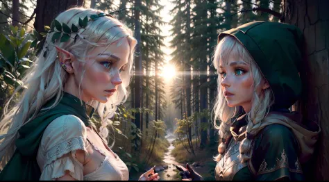 duo: Elven female ( white colored hair, Green eyes )Squatting ( concerned: 1,3 ) , Elven female( white colored hair, Cyan eyes )...
