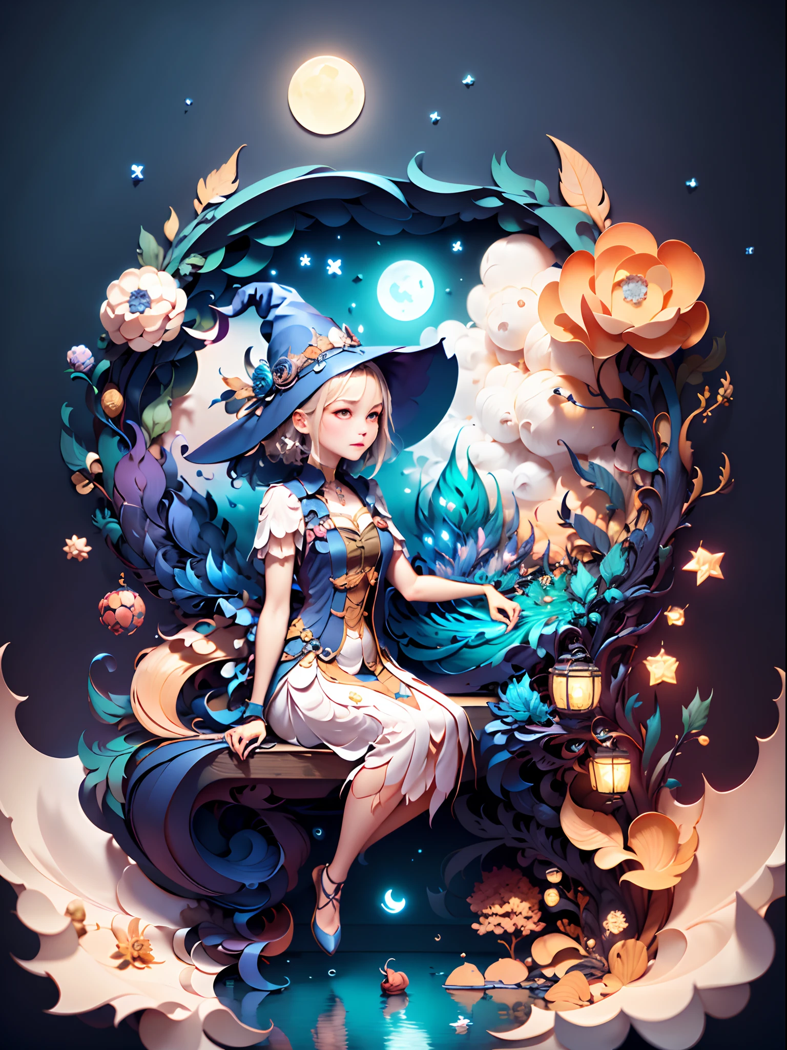 (((masterpiece))),best quality, illustration, 1girl, A witch wearing witch outfit, witch hat, sky, cloud, night, moon, star \(sky\), night sky, scenery, starry sky, fantasy. vibrant color scheme, Soft light,(warm color:1.2),Water color painting, light background, best quality exquisite details,3d rendering,Octane render, pastel, paper_cut.