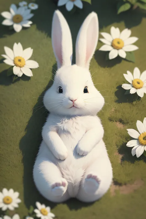 A white rabbit lies on the lawn