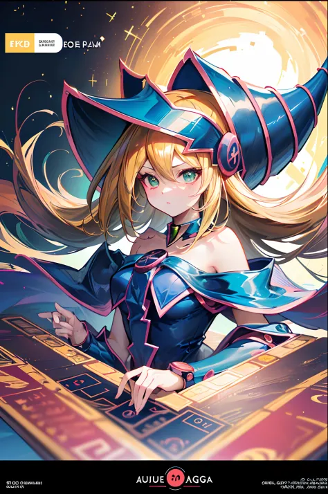 A dark magician girl floating cutely, magical aura, fantasy background, glowing rune, (( a Yu-Gi-Oh card underneath her)), givin...