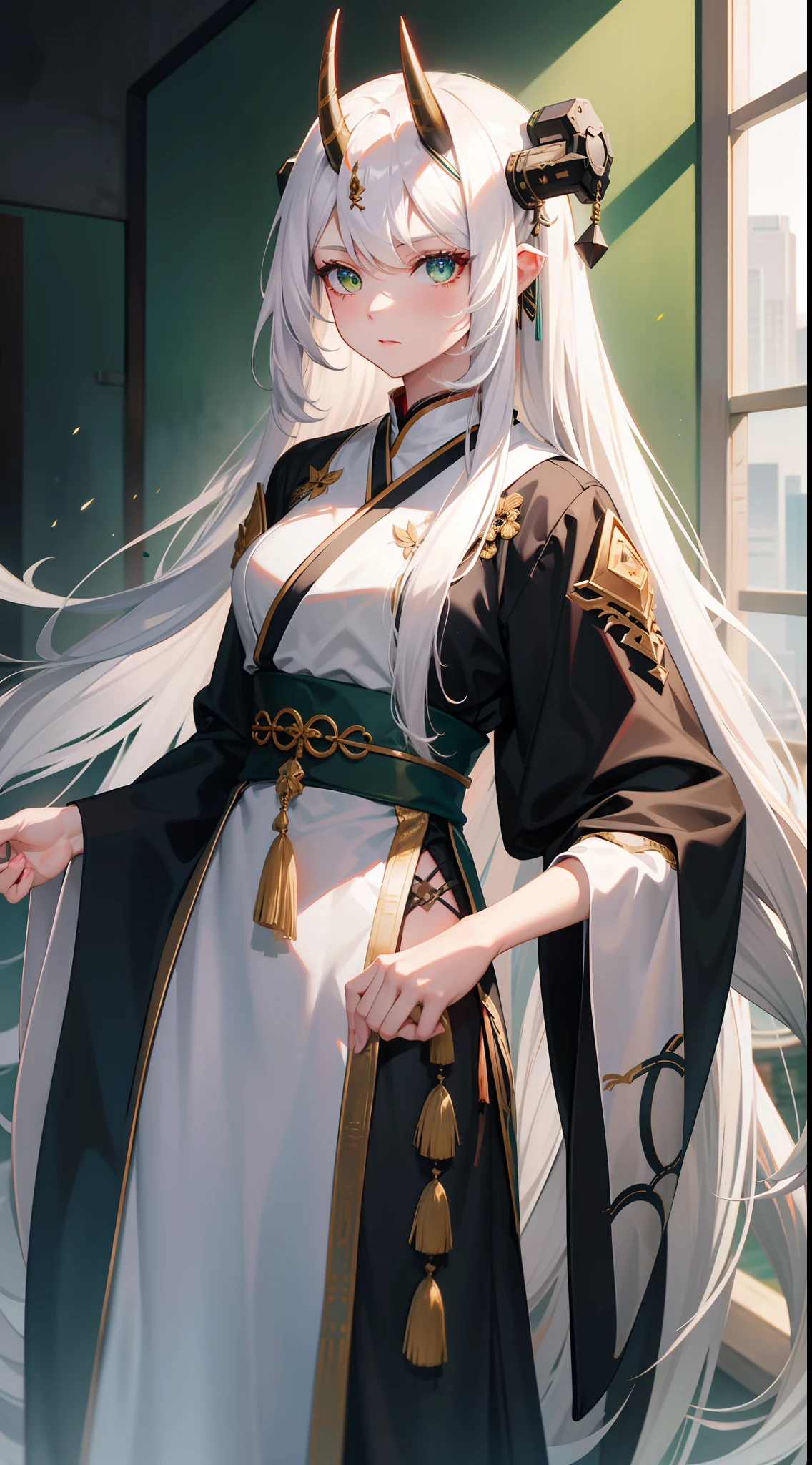 adult girl, Long white hair, Working with a horn, Green eyes, dragon tattoo, A cyborg, Hanfu, Masterpiece, hiquality