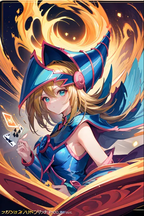 A dark magician girl floating cutely, magical aura, fantasy background, glowing rune, ( a Yu-Gi-Oh card underneath her), giving ...