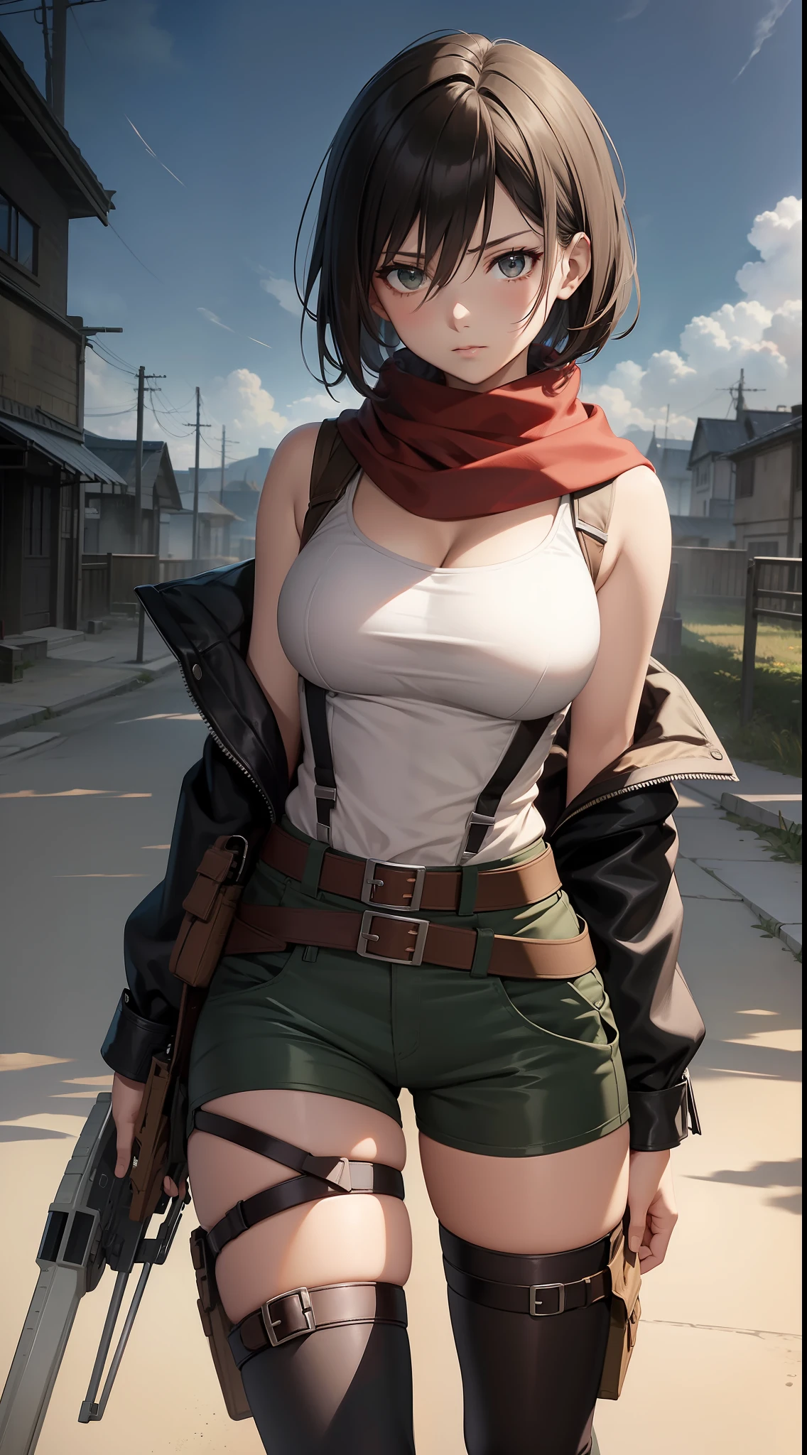 aot style, shingeki no kyojin,

mikasa ackerman,cleavage，Off-the-shoulder attire

1girl, arm strap, bangs, black hair, black pants, breasts, cowboy shot, embers, green eyes, grey background, hair between eyes, harness, long sleeves, looking at viewer, medium breasts, pants, red scarf, scarf, shirt, short hair, smoke, solo, thigh strap,  brown jacket, white shirt, survey corps \(emblem\)

, ((masterpiece)), best quality
,