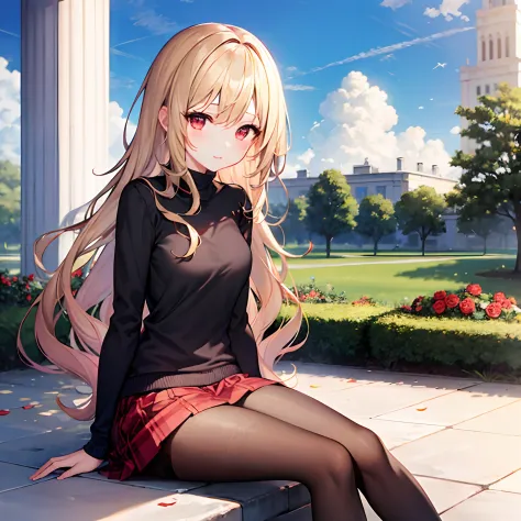 Long wavy blonde hair、red eyes、Beautiful girl alone、a miniskirt、tights、sitting on、rose garden、