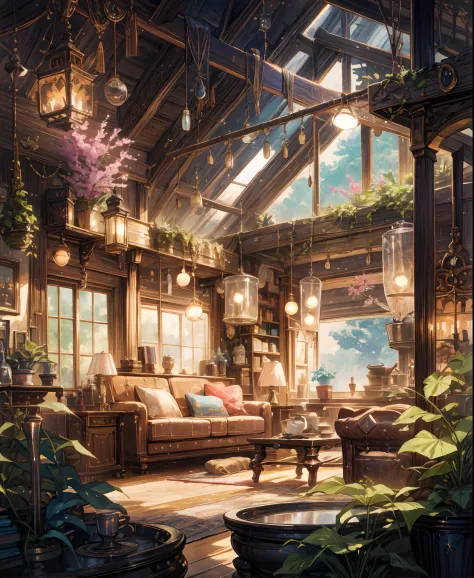 a picture taken from a video game of a living room with a couch and a table, relaxing concept art, cozy cafe background, relaxing environment, anime background art, relaxing atmosphere, magical environment, interior background art, anime scenery concept ar...