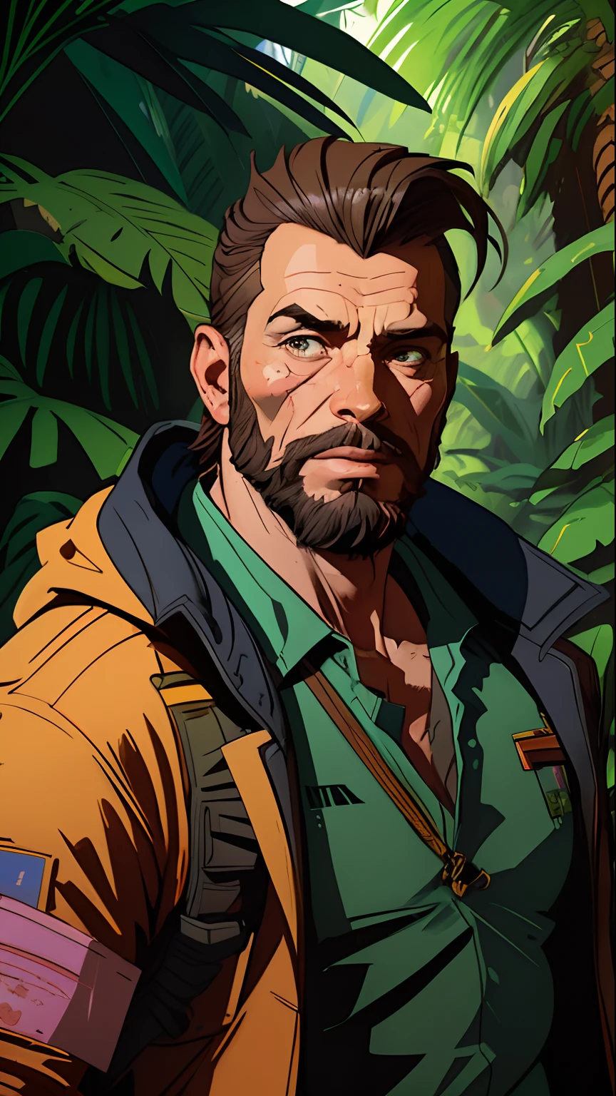 tmasterpiece，award-winning portrait，A funky explorer with a beard is photographed by Syd Mead in the jungle，Cool color palette，pastel colour，the detail，8K，wounded，Expose muscles，gentleness