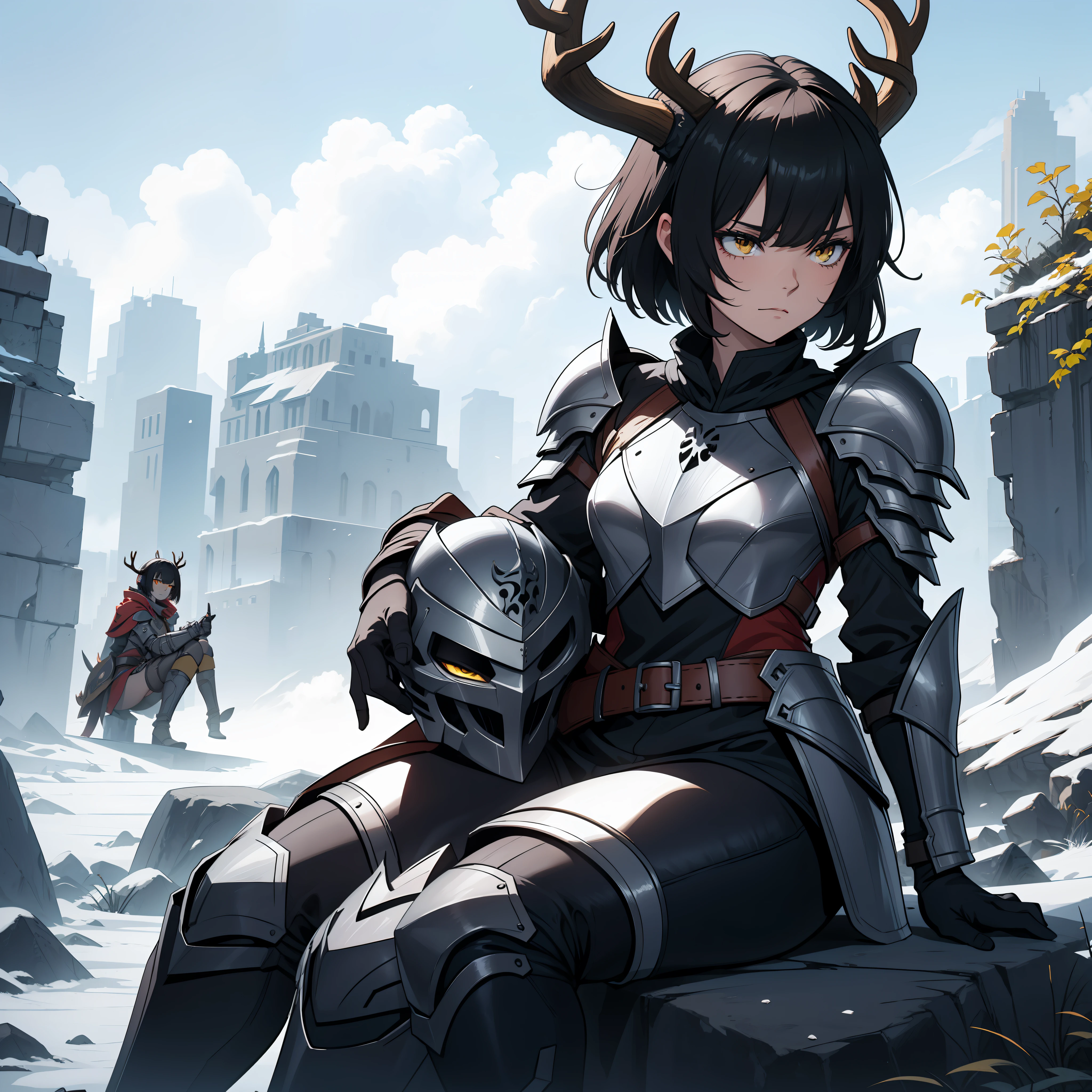 a 1girl, 独奏, knight armor, Half-mask of a skull with deer antlers, Tired look, Yellow eyes, bags under eyes, sitting on a stone, Broken armor, Short Hair Hair, Long bangs, black hair, dark-skin, gloves, winter, grey sky, Clouds, Falling snow, grey sky, Dim white sun, Knight's helmet on the ground.